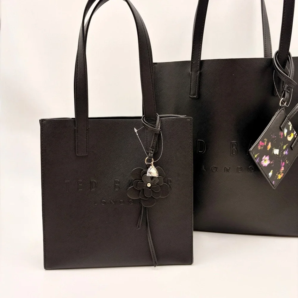 Ted Baker London Black Icon Tote Bag Set‎ Large Shopper Small Tote Flower Charm